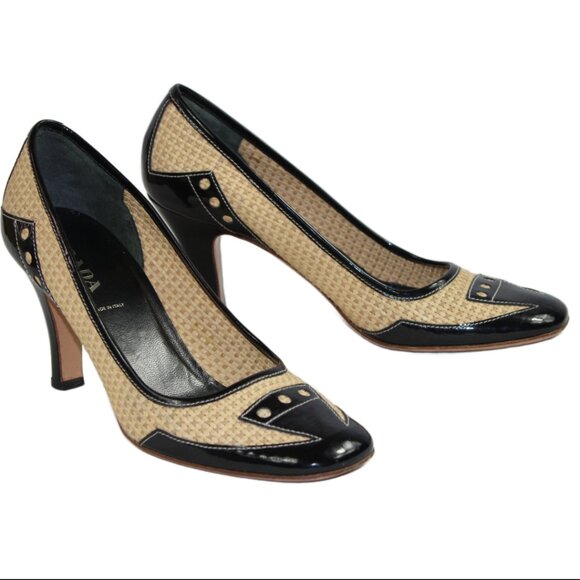 Prada Black Patent Woven Tan Raffia Distinct Toe Cap Pumps, Size 36.5 (US 6.5) - Picture 5 of 8